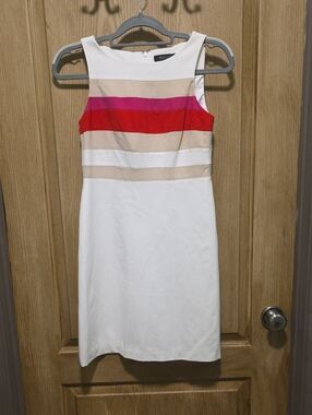 White Sleeveless Midi Dress with Pink and Red Colorblock Stripes